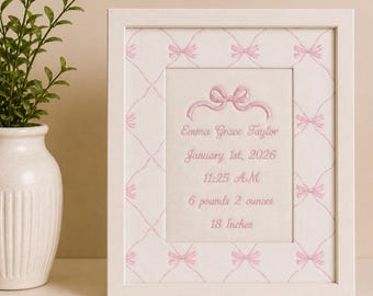 Personalized Baby Birth Stat Frame Girl | Custom Embroidered Baby Name Frame | Baby Girl Nursery Decor | Newborn Keepsake Gift
