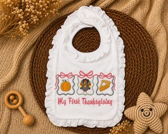 Coquette Thanksgiving Baby Bib | My First Thanksgiving Bib Girl | Pink Bow Thanksgiving Bib | Embroidered Baby Girl Bib | Turkey Pie Pumpkin