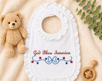 God Bless America Embroidered Baby Bib | Patriotic Fourth of July Outfit