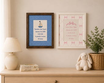 Personalized Embroidered Birth Stats Frame | Custom Baby Keepsake Nursery Decor