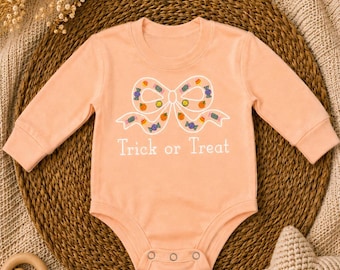 Trick or Treat Baby Girl Bodysuit | Halloween Baby Onesie | Candy Bow Infant Outfit | Cute Fall Baby Clothes | Boutique Halloween Outfit