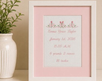 Personalized Embroidered Birth Announcement Frame, Custom Baby Birth Stats Frame, Baby Girl Nursery Decor, Newborn Keepsake Gift