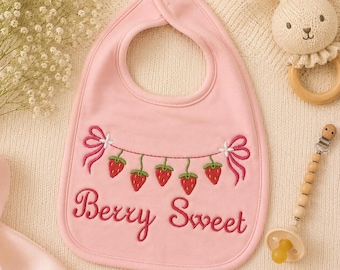 Embroidered Strawberry Baby Bib | Berry Sweet, Baby Girl, First Birthday Outfit