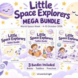 Pode incluir: Um mega pacote Little Space Explorers com três conjuntos educativos para bebés, crianças pequenas e pré-escolares. Os gráficos incluem um planeta sorridente, uma lua e um foguetão com o texto World Space Week 4-10 October 2026 e Lil Love & Lil Light.