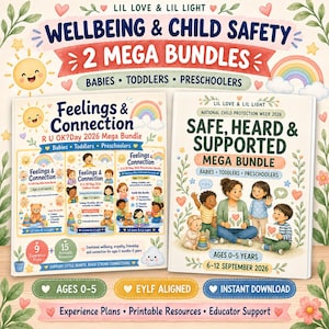 Op de afbeelding: Twee educatieve bronnenbundels getiteld Wellbeing & Child Safety, Feelings & Connection en Safe, Heard & Supported. De covers bevatten aquarelillustraties van kinderen, regenbogen, zonnen en harten, met tekst over de leeftijdsgroep 0-5.