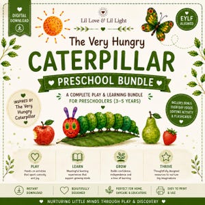 May include: A digital download preschool bundle inspired by "The Very Hungry Caterpillar." The design features a green caterpillar, a red apple, a pear, and a strawberry. The text includes "Preschool Bundle" and "Play & Learning Bundle for Preschoolers (3-5 years)."