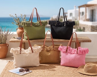 Personalized Fringe Canvas Tote Bag | Custom Embroidered Beach Bag | Bridesmaid Proposal Gift | Monogrammed Summer Vacation Tote