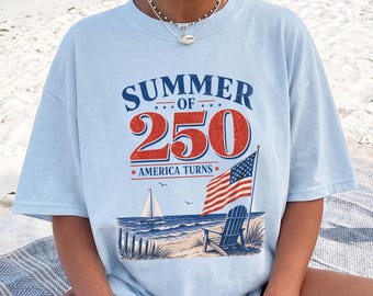 Summer of 250 Beach Graphic Tee, Retro USA Patriotic Shirt