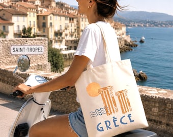 Greece Print Canvas Tote Bag, Vintage Mediterranean Beach Bag