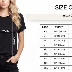 May include: A black Bella Canvas 3001 unisex t-shirt shown with a size chart. The chart lists sizes XS through 5XL with corresponding width and length measurements in inches, ranging from 16.5 inches to 32 inches wide and 27 inches to 35 inches long.