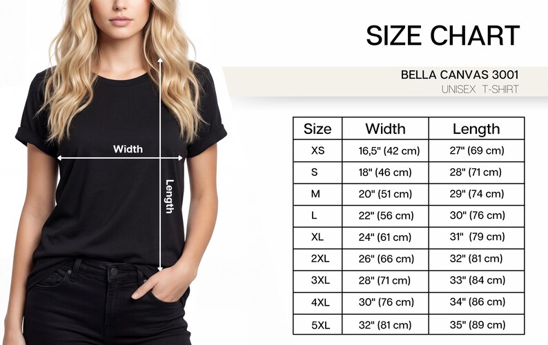 May include: A black Bella Canvas 3001 unisex t-shirt shown with a size chart. The chart lists sizes XS through 5XL with corresponding width and length measurements in inches, ranging from 16.5 inches to 32 inches wide and 27 inches to 35 inches long.
