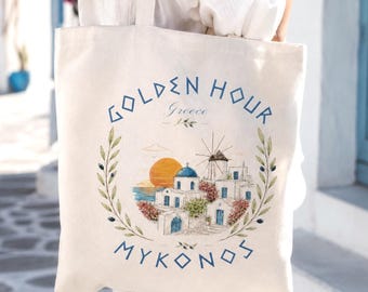 Mykonos Greece Canvas Tote Bag, Vintage Mediterranean Beach Travel Bag