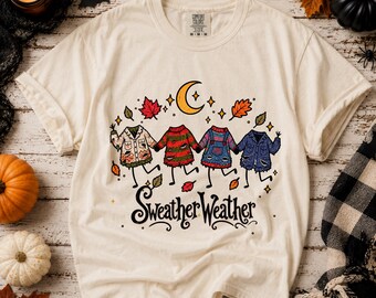 Sweater Weather Illustration T-shirt | Cozy Autumn Sweaters, Moon & Leaves