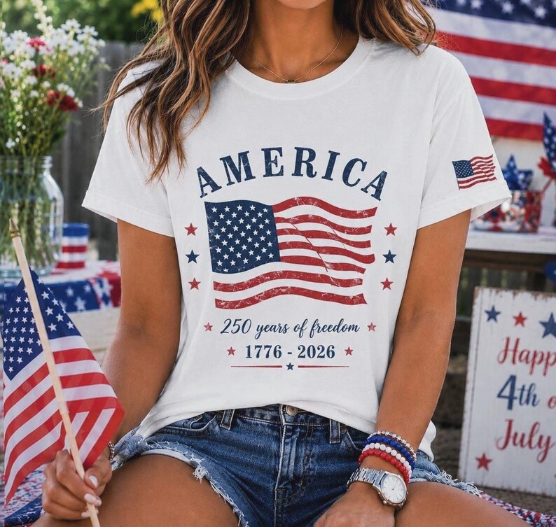 May include: A white short-sleeve t-shirt featuring the word AMERICA in blue, a graphic of a waving American flag, and the text 250 years of freedom 1776-2026. A small American flag graphic is printed on the right sleeve of the garment.