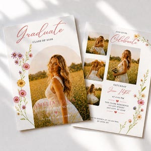 May include: Graduation announcement with a photograph of a graduate. The card reads "Graduate Class of 2026" and "Join us to Celebrate". Floral decorations and event details are also displayed on the announcement.