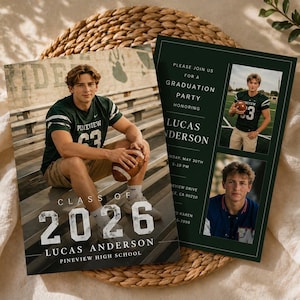May include: Graduation party invitation featuring a photo of a young man in a green and white football jersey, holding a football. The invitation includes the text "Class of 2026" and "Lucas Anderson".