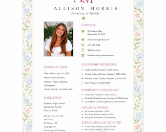 Sorority Resume Template with Photo, Editable Resume and Cover Letter for Sorority Recruitment,Sorority Rush Resume Template,Monogram,Floral