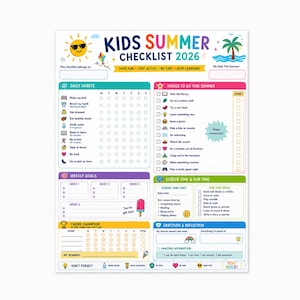 May include: A vibrant Kids Summer Checklist 2026, designed to help children track their activities. It includes sections for daily habits, weekly goals, and fun time ideas. The checklist features a sun, palm tree, and a popsicle. The text includes "Have Fun, Stay Active, Be Kind, Keep Learning."