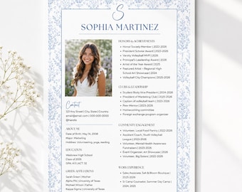 Blue Sorority Resume Template with Photo | Sorority Resume and Cover Letter | Rush Resume Template | PNM Resume | Feminine Floral,green