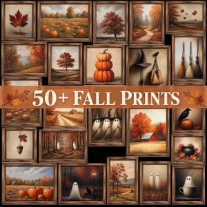 May include: A collection of framed wall art prints featuring autumn themes including pumpkins, fall foliage, landscapes, ghosts, witches' hats, and brooms. The text 50+ FALL PRINTS is displayed in white over a brown banner across the centre.