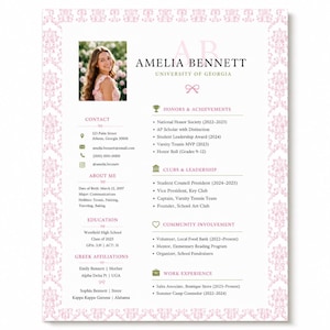 May include: A resume template featuring a pink damask border, a photograph of a person, and the name Amelia Bennett. The document includes sections for contact, about me, education, Greek affiliations, honors, clubs, community, and work experience.