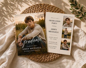 Male Graduation Invitation template |Senior boy Graduation Announcement template| Boy grad invite digital|  Class of 2026 Canva template