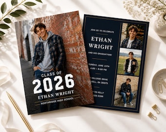 Male Graduation Invitation template |Senior Grad Announcement| Boy Card Digital Photo Grad Party Invite |Class of 2026 Canva template