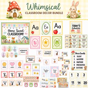 Pode incluir: Um conjunto de decoração digital para sala de aula com uma casa de cogumelo, um coelho e vários materiais educativos, incluindo cartões do alfabeto, cronograma diário, tabelas de níveis de voz e etiquetas em tons pastel com animais.
