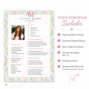 Sorority Resume Template with Photo, Editable Resume and Cover Letter for Sorority Recruitment,Sorority Rush Resume Template,Monogram,Floral image 3