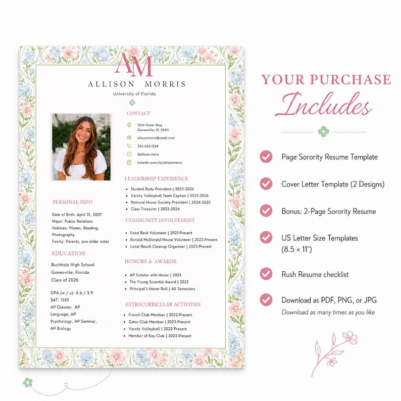 Sorority Resume Template with Photo, Editable Resume and Cover Letter for Sorority Recruitment,Sorority Rush Resume Template,Monogram,Floral image 3