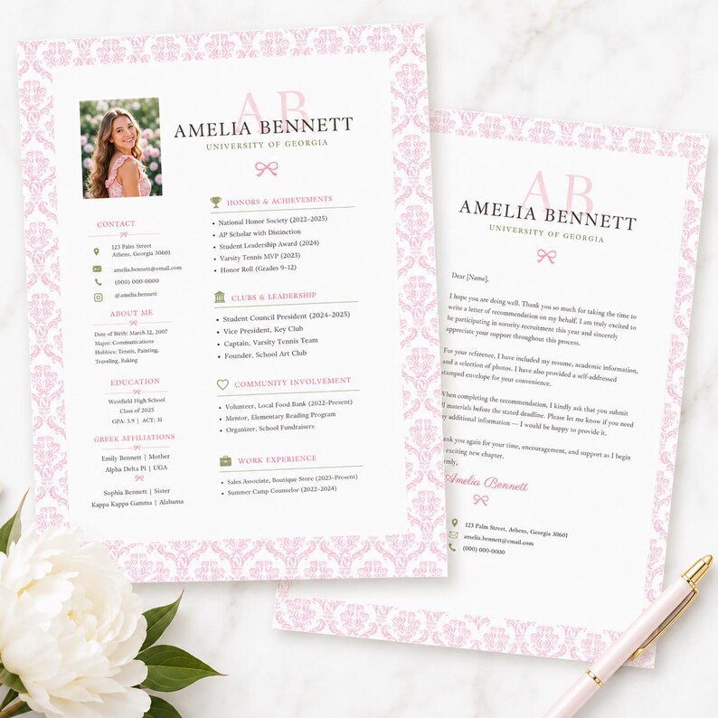 May include: A resume and cover letter template set featuring a pink damask border, a photo of a person, and the name Amelia Bennett. The documents include sections for contact information, honors, clubs, and work experience with pink bow icons.