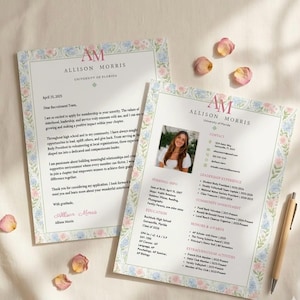 May include: A two-page CV and cover letter set for Allison Morris, featuring a floral border in pink and blue. The documents include a personal photo, contact details, education, leadership experience, and a formal letter with the AM monogram.