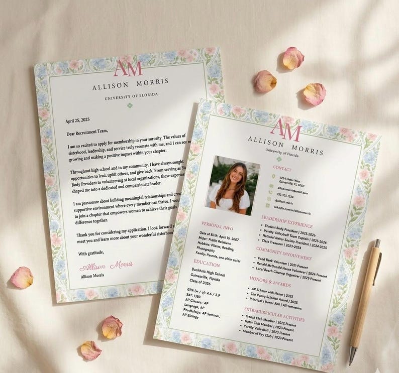 May include: A two-page CV and cover letter set for Allison Morris, featuring a floral border in pink and blue. The documents include a personal photo, contact details, education, leadership experience, and a formal letter with the AM monogram.