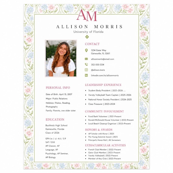 Sorority Resume Template with Photo, Editable Resume and Cover Letter for Sorority Recruitment,Sorority Rush Resume Template,Monogram,Floral