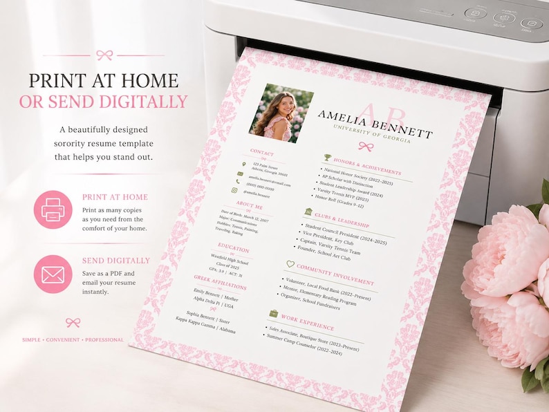 Pink Sorority Resume Template with Photo, Editable Resume and Cover Letter for Sorority Recruitment, Rush Resume Template, Floral Feminine image 6