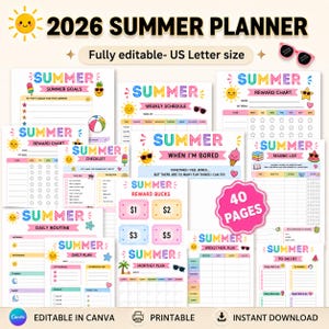 2026 Kinder Sommerplaner, Planer für die tägliche Arbeit Druckbare Aufgaben & Belohnung Diagramm, Screen Time Tracker, Bucket liste, Sommer Kalender pdf