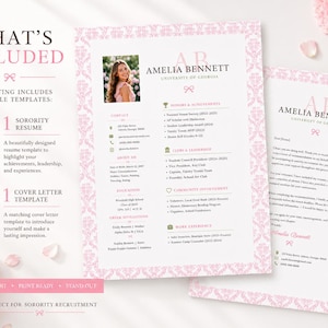 May include: A digital resume and cover letter template set featuring a pink damask border, a placeholder photo of a person, and text fields for contact information, education, honors, leadership, and work experience for sorority recruitment.