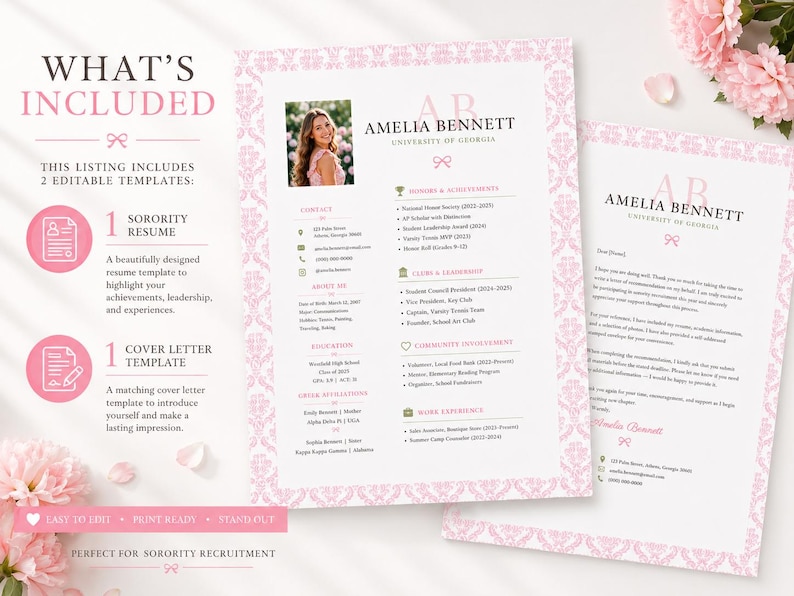 May include: A digital resume and cover letter template set featuring a pink damask border, a placeholder photo of a person, and text fields for contact information, education, honors, leadership, and work experience for sorority recruitment.