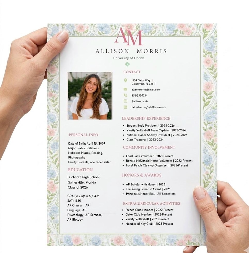 May include: A CV template featuring a floral border with pink and blue flowers. The document includes the name Allison Morris, a photo, contact details, leadership experience, community involvement, honours, awards, and extracurricular activities.