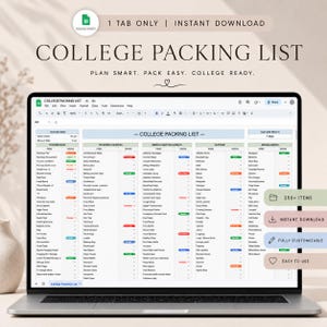 May include: A digital college packing list template displayed on a laptop screen. The spreadsheet features columns for items and status, organized into categories like dorm room, toiletries, medical supplies, clothing, and miscellaneous items.