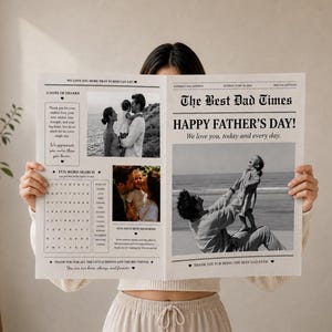 May include: A personalized newspaper print titled The Best Dad Times featuring black and white photographs of a parent and child, a word search puzzle, and text including Happy Father's Day, We love you, today and every day, and A note of thanks.