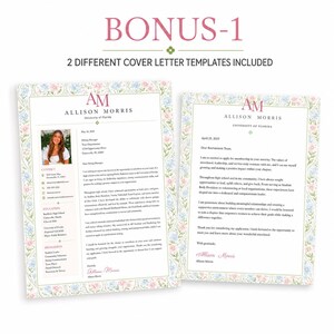 May include: Two resume and cover letter templates featuring a floral border in blue and pink. The documents include the name Allison Morris, a monogram AM, and placeholder text. The header reads BONUS-1 2 DIFFERENT COVER LETTER TEMPLATES INCLUDED.