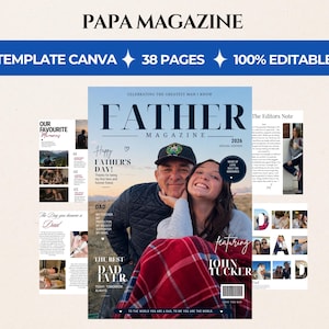 Może przedstawiać: Okładka magazynu zatytułowana "FATHER MAGAZINE 2026" z ojcem i córką. Okładka zawiera tekst "Happy Father's Day!" i "The Best Dad Ever". Magazyn jest szablonem Canva z 38 stronami i jest w 100% edytowalny.