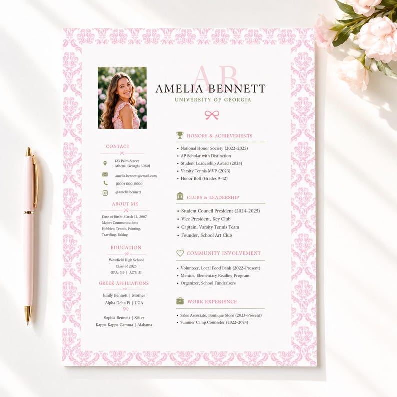 May include: A resume template featuring a pink damask border, a photograph of a person, and the name Amelia Bennett. The document includes sections for contact, education, honors, clubs, community involvement, and work experience with a pink pen.