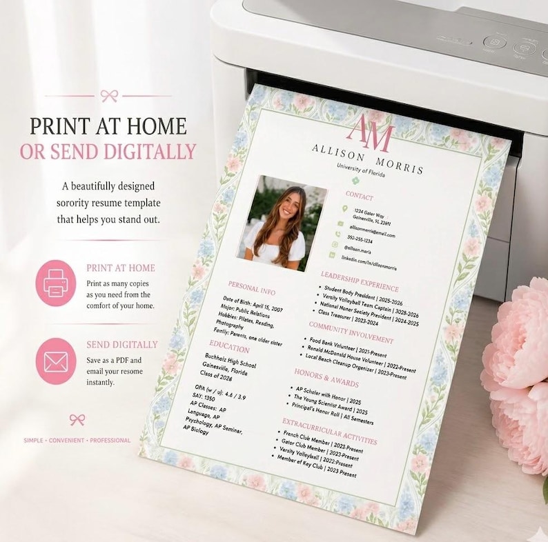 May include: A resume template printed on paper featuring a floral border with pink and blue flowers. The document includes a photograph of a person, contact details, education, leadership experience, community involvement, and honours sections.