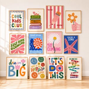 Może przedstawiać: Kolekcja dwunastu kolorowych plakatów ściennych z różnymi ilustracjami i motywacyjnymi tekstami, w tym Cool Kids Club, Read More Books, You Are Creative, Keep Growing, Small Steps Everyday, Never Stop Climbing, You Are A Star, Dream Big, This Is My Happy Place, Let's Do This oraz You Can Do It If You Put Your Mind To It.