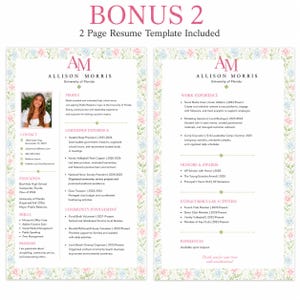 May include: A two-page CV template featuring a floral border in pink, blue, and green. The document includes the name Allison Morris, the initials AM, and sections for profile, contact, education, skills, passions, work experience, honours, and activities.