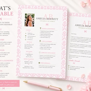 May include: A resume and cover letter template set featuring a light pink damask border, a placeholder photo of a person, and the text Amelia Bennett, University of Georgia. The document includes sections for contact, education, and experience.