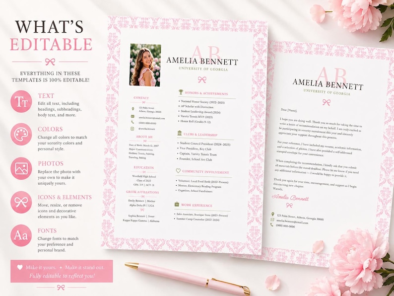 May include: A resume and cover letter template set featuring a light pink damask border, a placeholder photo of a person, and the text Amelia Bennett, University of Georgia. The document includes sections for contact, education, and experience.