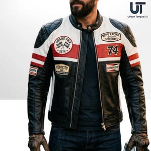 Chaqueta de cuero estilo café racer para hombre, hecha a mano: estilo motero de las carreras del Gran Premio de 1974.